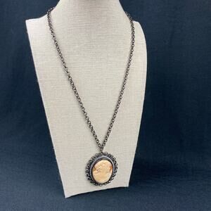 Vintage Amedeo Designer Large Carved Shell Cameo Pendant Gunmetal Necklace
